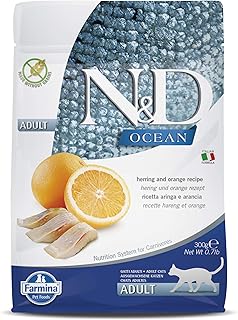 Farmina N&D Ocean Herring & Orange Cat Food | Premium Dry Food | Low Glycemic Index | Complete & Balanced Nutrition | Fresh Ingredients for Delicious Taste | for Adult Cats | 0.3kg